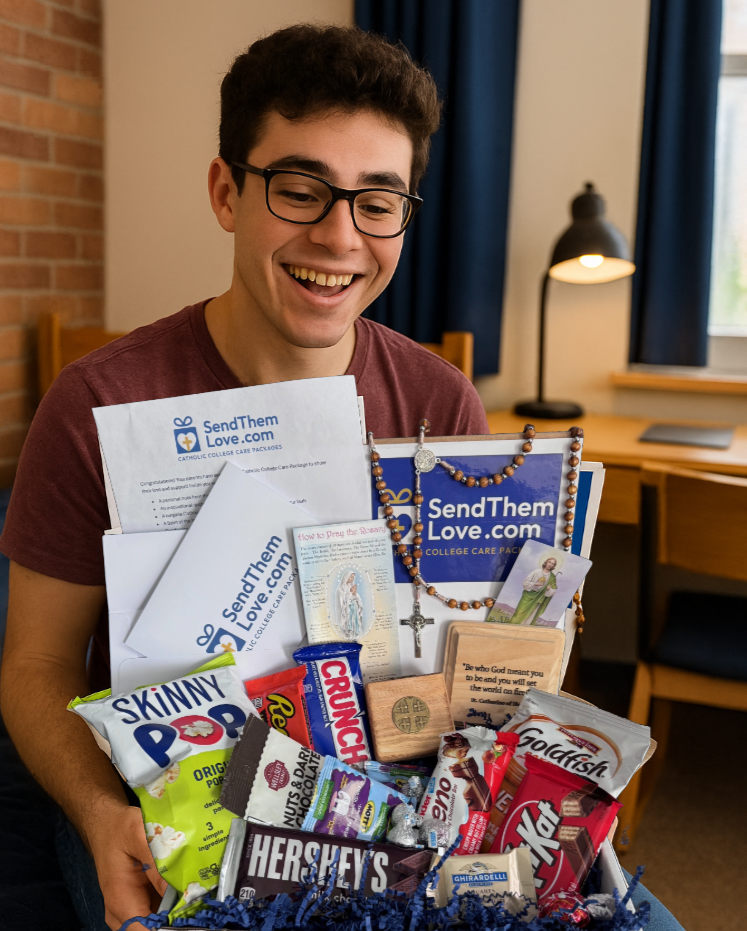 College student happily receiving a care package from SendThemLove.com