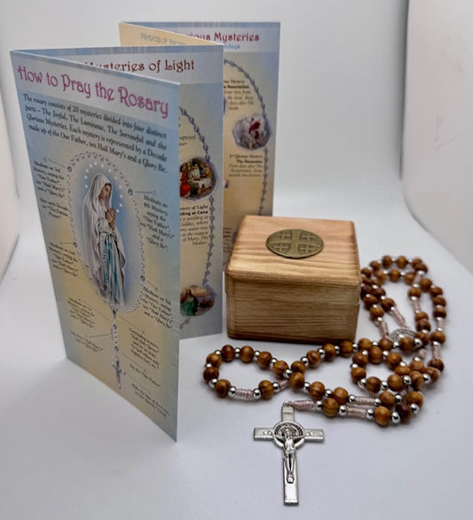 Wooden Rosary, wooden box for it, and instructions for praying the Rosary all included in SendThemLove.com's September Catholic College Care Package