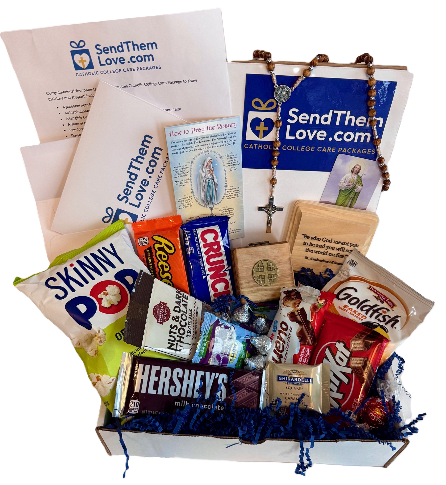 College Care Package for Catholic student containing faith-based items and comforting snacks from SendThemLove.com