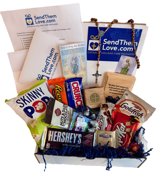 College Care Package for Catholic student containing faith-based items and comforting snacks from SendThemLove.com