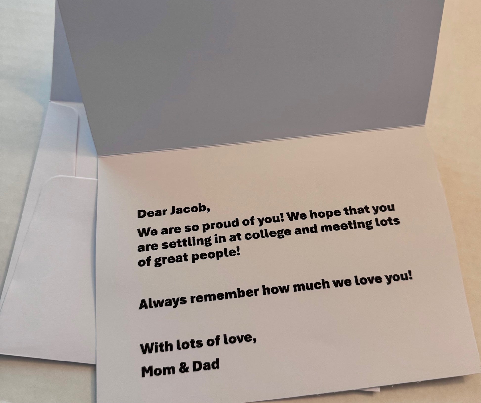 Personal note from sender included in SendThemLove.com's Catholic College Care Packages